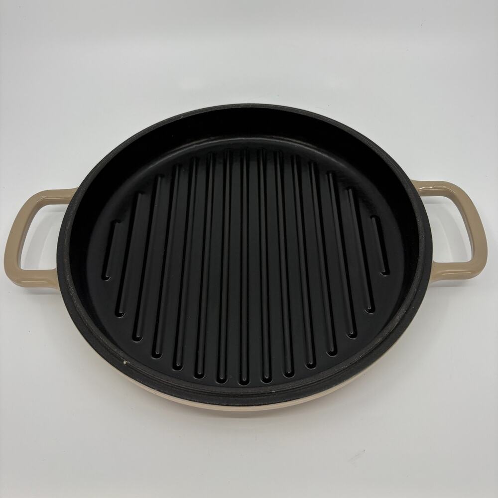 Our Place Round Grill Pan Beige Black Ridged Double Handle Cookware Cast Iorn